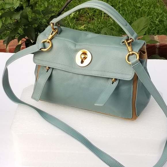 Yves SAINT LAURENT Muse Small Calfskin Canvas Two toneBlue Glacier Beige  Bag - Picture 7 of 16